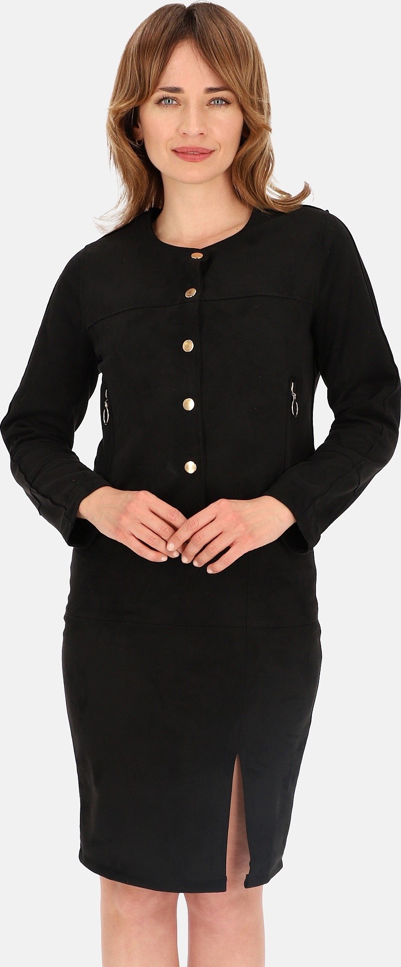 Čierna dámska krátka semišová bunda so zlatými cvočkami BLE 241085 F - Black Veľkosť: 3XL