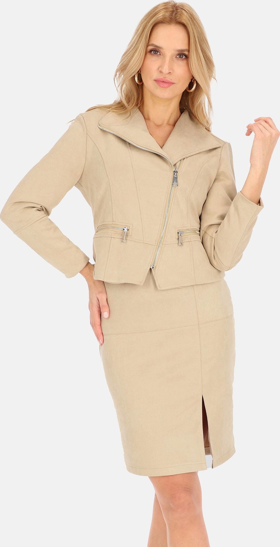 Béžová dámska krátka bunda z umelého semišu BLE 241065 F - Beige Veľkosť: S