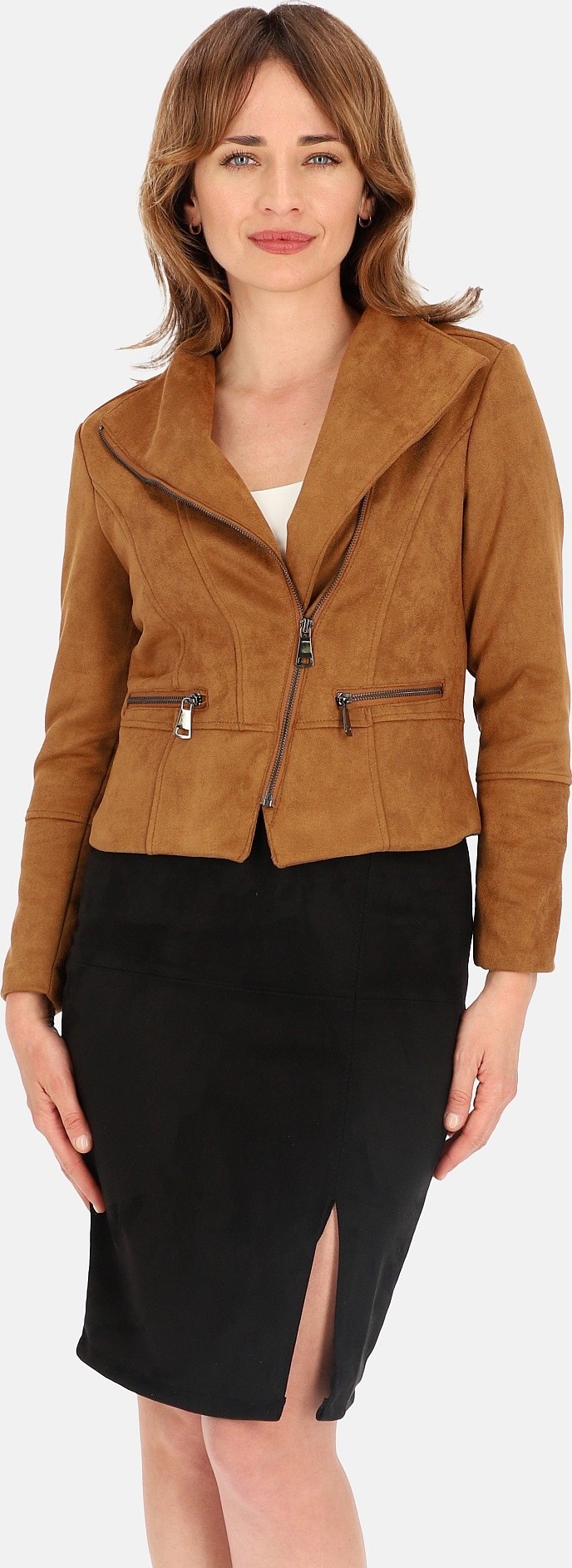 Hnedá dámska krátka bunda z umelého semišu BLE 241065 F - Camel Veľkosť: 3XL