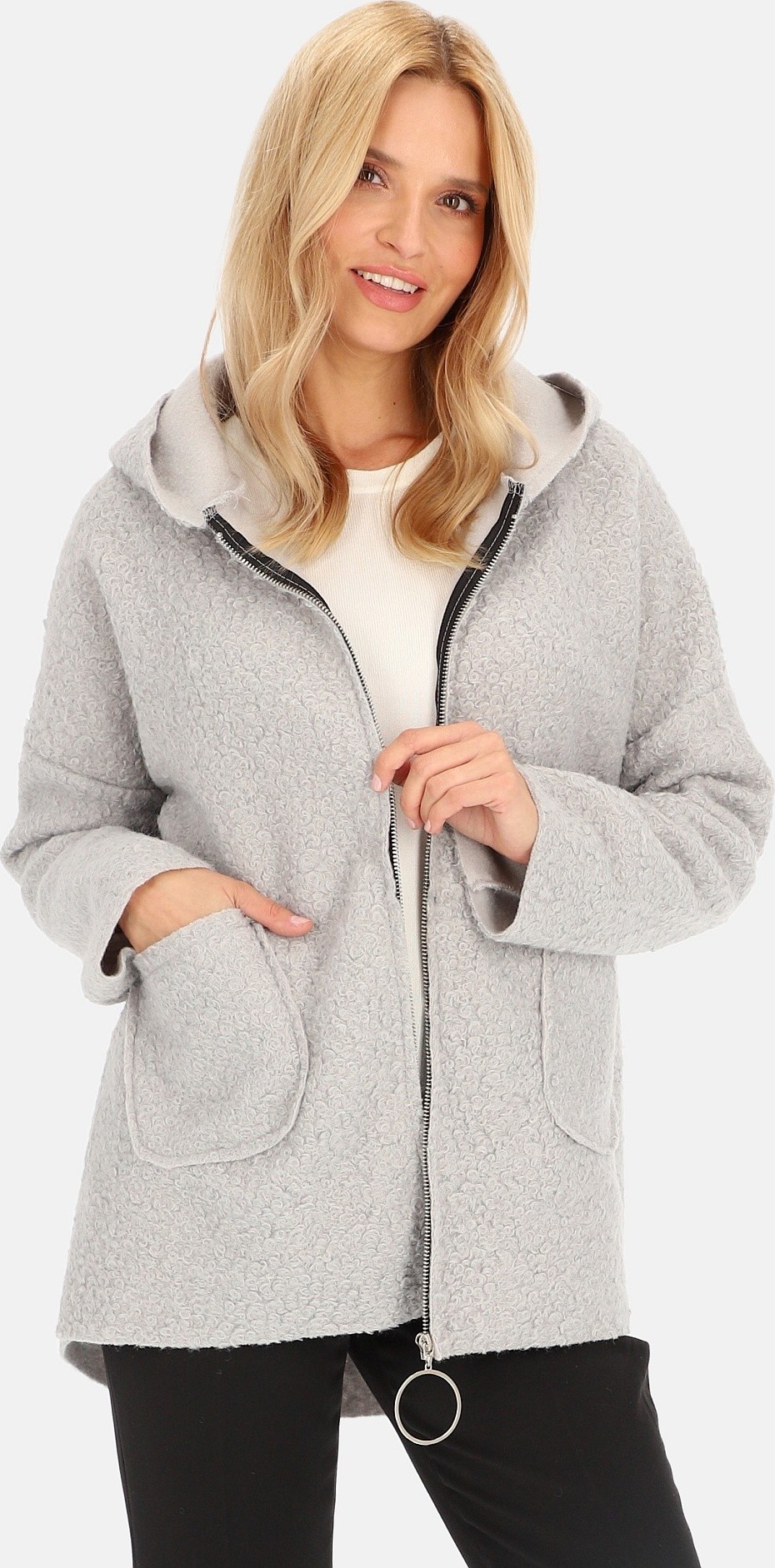 Svetlosivý dámsky krátky kabát s kapucňou BLH 81CW4444 F - Grey Veľkosť: S