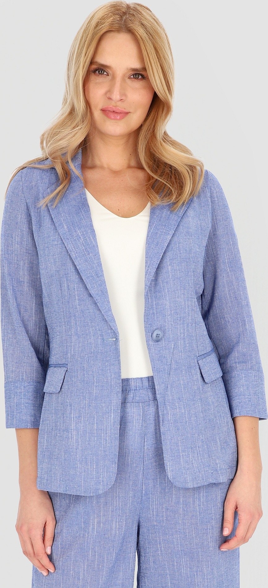 Svetlo modrý dámsky ľanový blejzer so 7/8 rukávmi VEE 252688 F - Light blue Veľkosť: 44