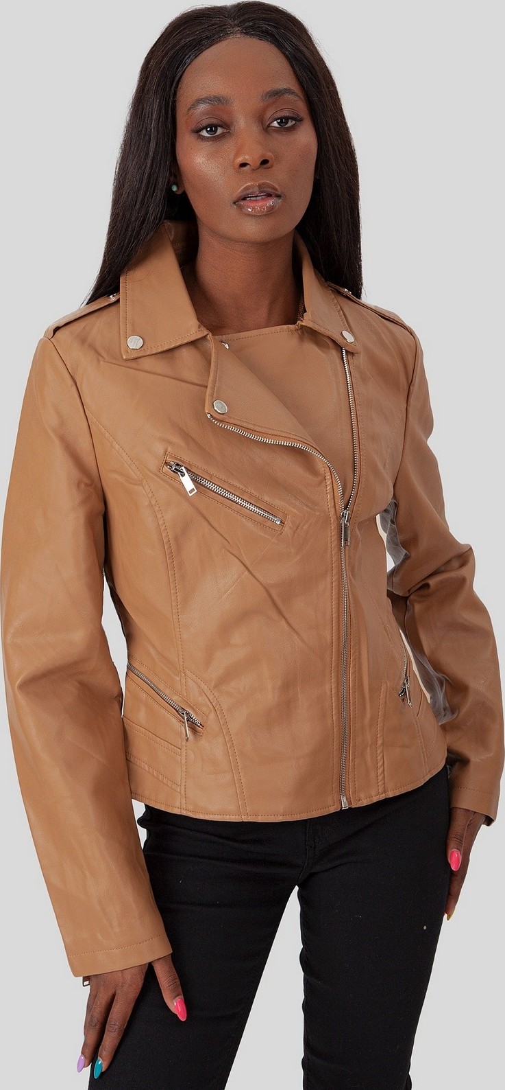 Camel dámska koženková bunda so zipsami BLE 220011 F - Camel Veľkosť: S