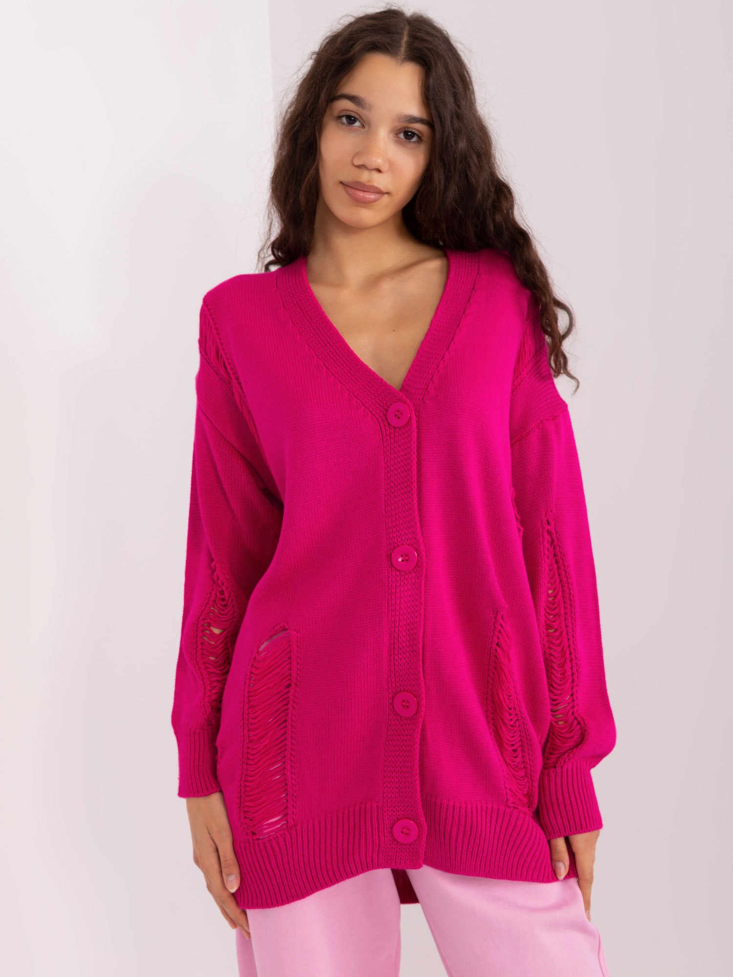 Tmavoružový kardigán s gombíkmi BA-SW-8042-1.23-fuchsia Veľkosť: ONE SIZE