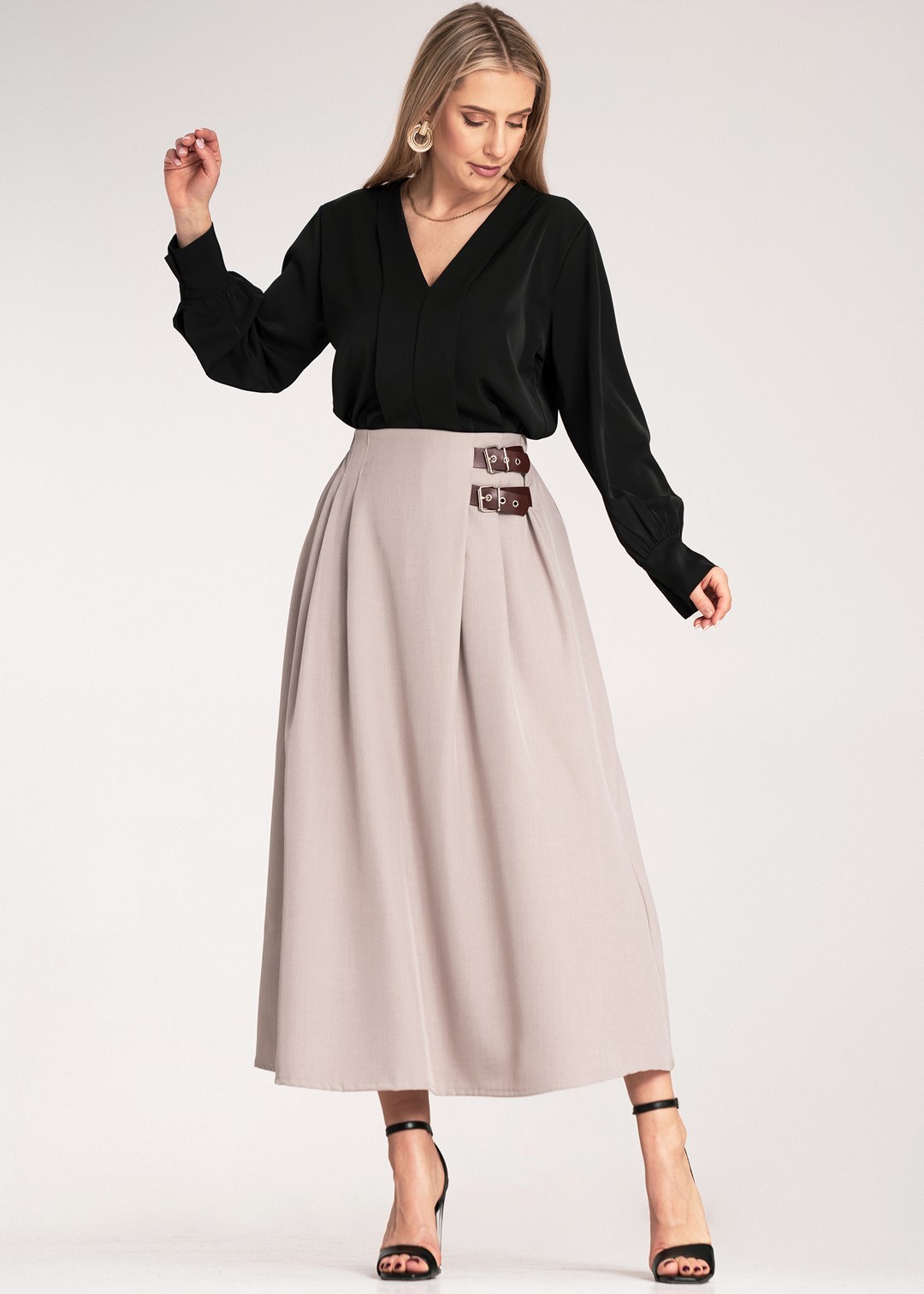 Béžová dámska elegantná midi sukňa s bočnými pásikmi a prackami M1156 Beige Veľkosť: S/M