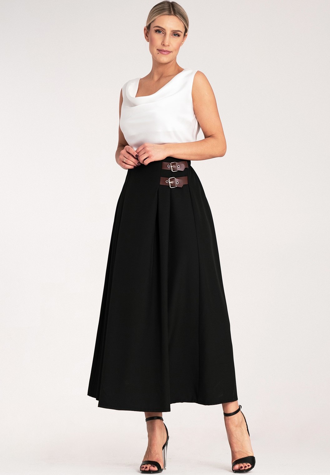 Čierna dámska elegantná midi sukňa s bočnými pásikmi a prackami M1156 Black Veľkosť: S/M