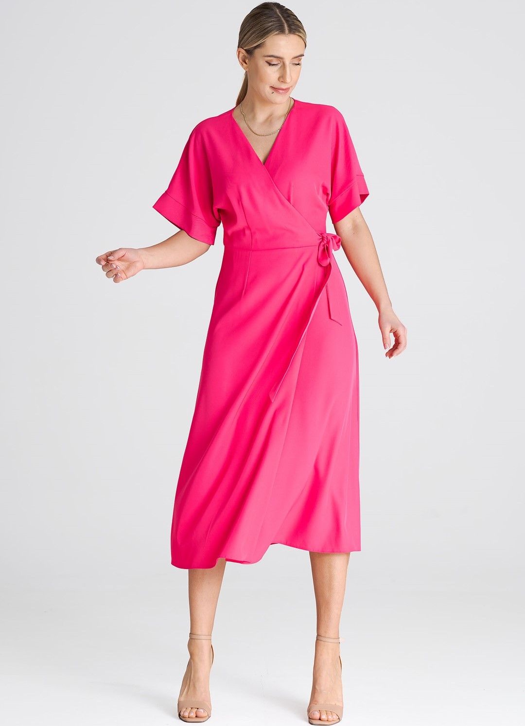 Tmavoružové zavinovacie midi šaty M959 Pink Veľkosť: S/M