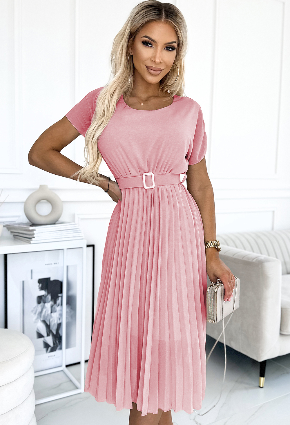 Plisované ružové midi šaty so širokým pásikom JULIA 465-3 Veľkosť: ONE SIZE