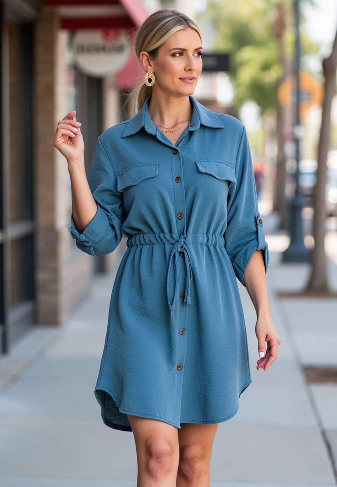 Modré dámske košeľové šaty s náprsnými vreckami M1131 Blue Veľkosť: S/M