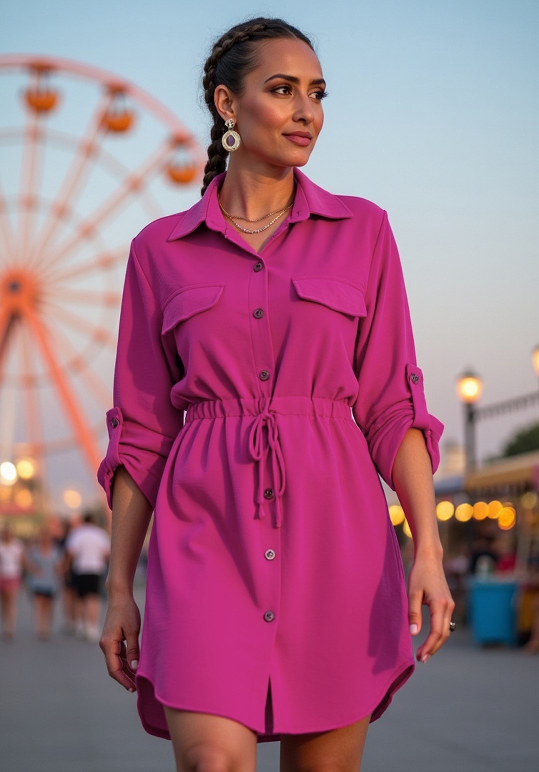 Fuchsiové dámske košeľové šaty s náprsnými vreckami M1131 Fuchsia Veľkosť: S/M