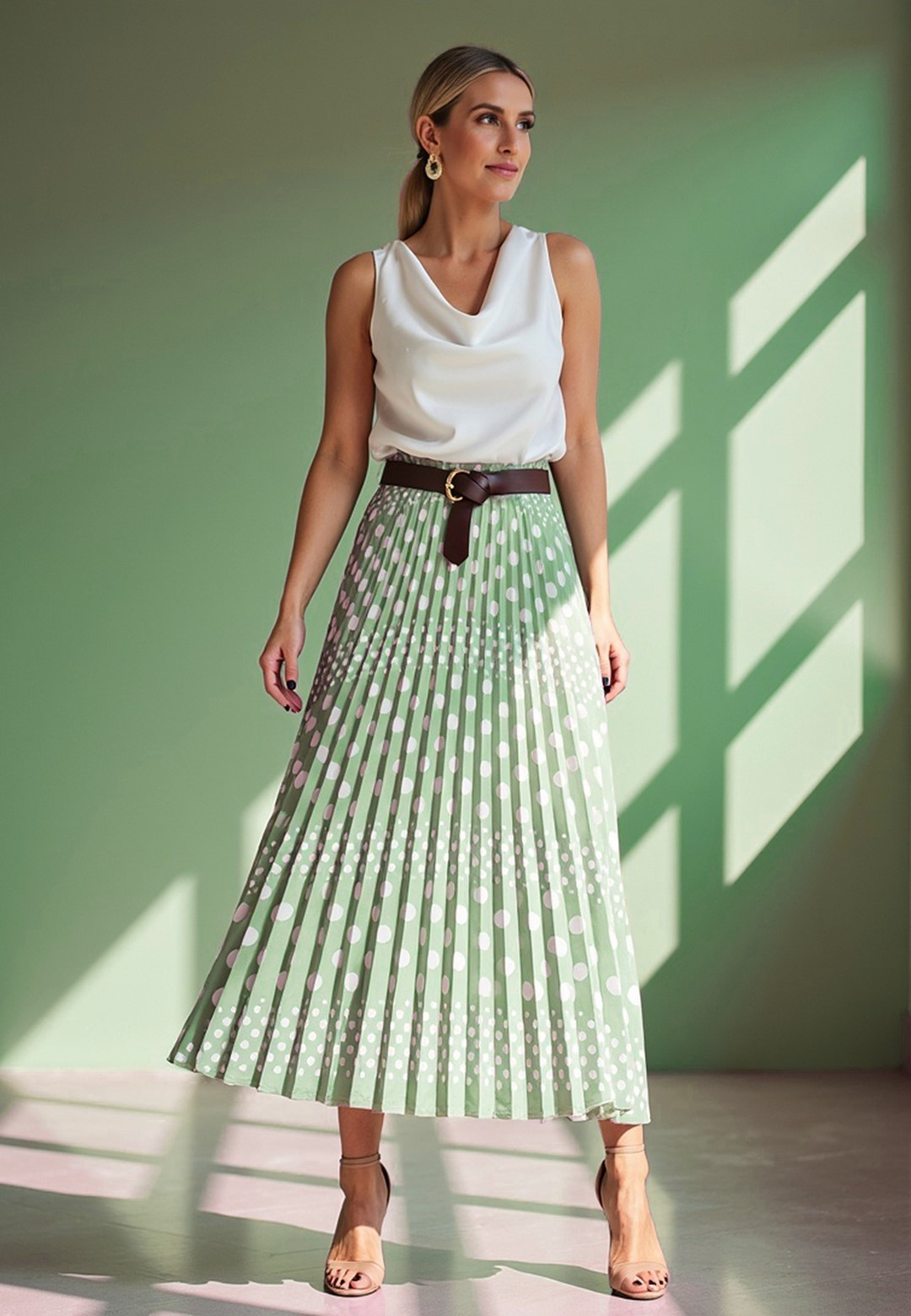 Svetlo zelená dámska plisovaná midi sukňa s bodkami M1155 Green Veľkosť: S/M