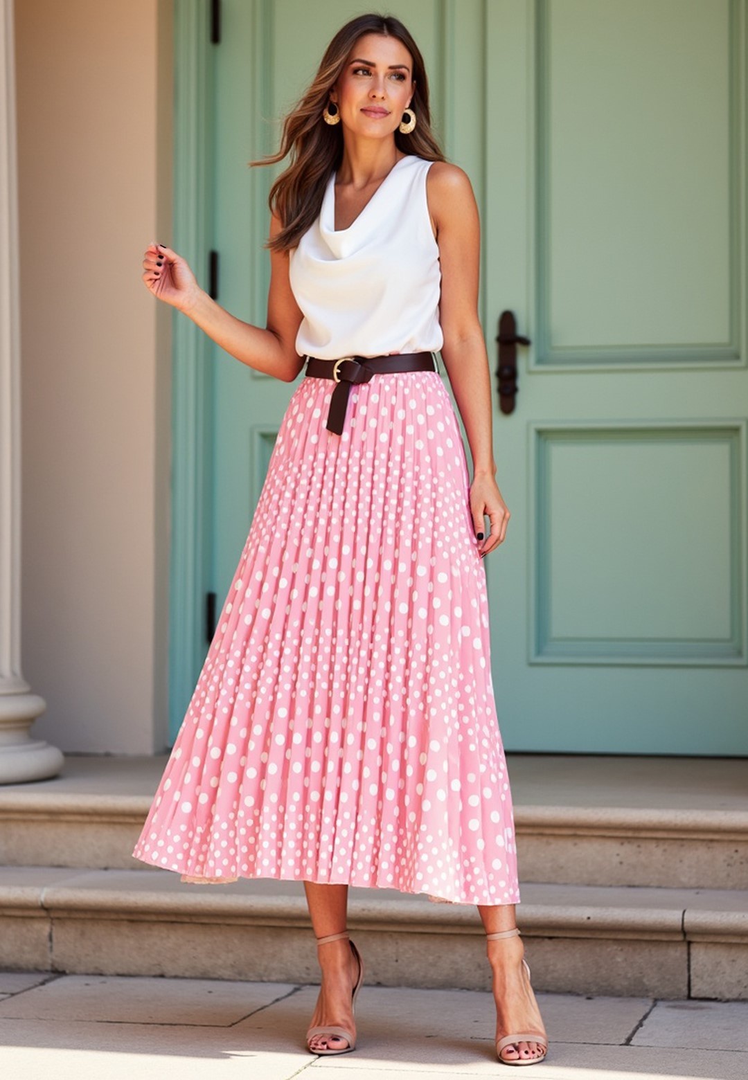 Svetloružová dámska plisovaná midi sukňa s bodkami M1155 Pink Veľkosť: S/M