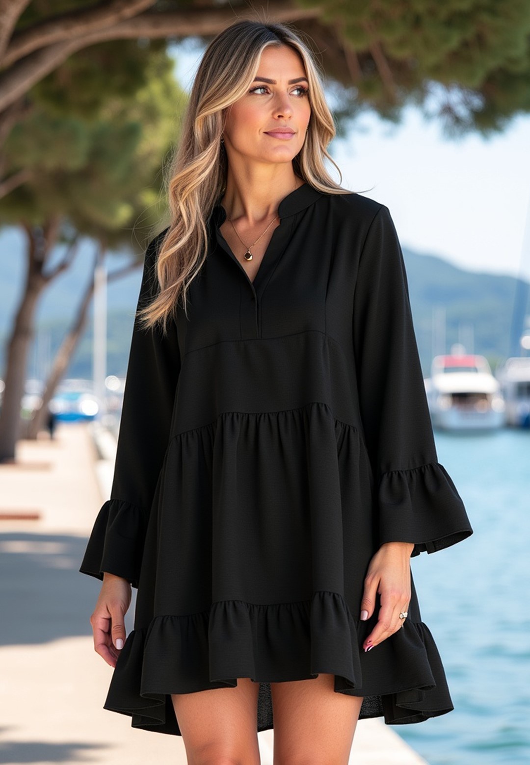 Čierne dámske voľné šaty s volánmi M1136 Black Veľkosť: S/M