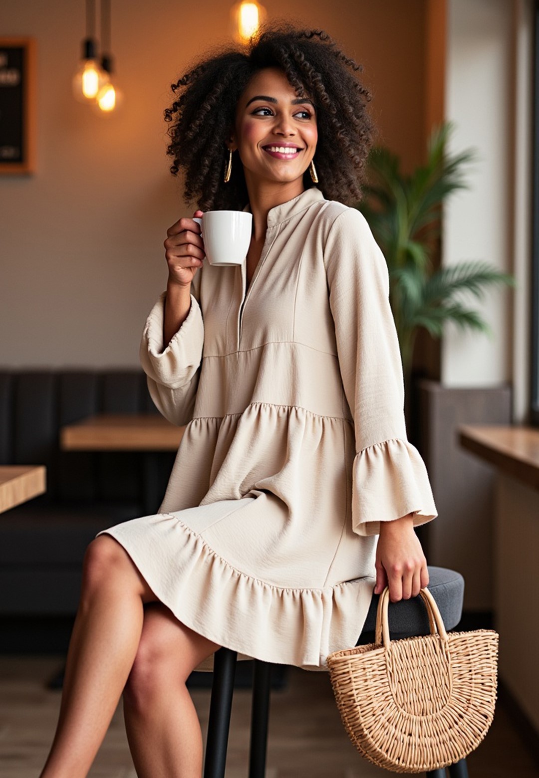 Béžové dámske voľné šaty s volánmi M1136 Beige Veľkosť: S/M