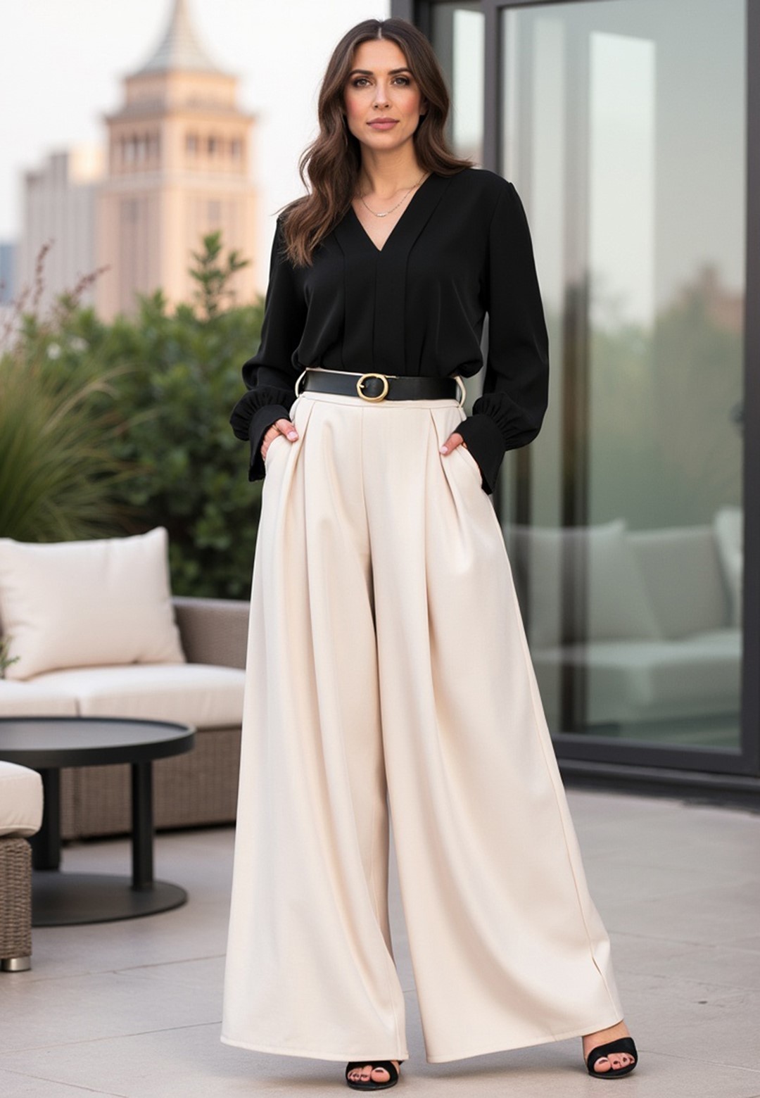 Smotanové dámske elegantné široké nohavice s opaskom M1134 Ecru Veľkosť: S/M