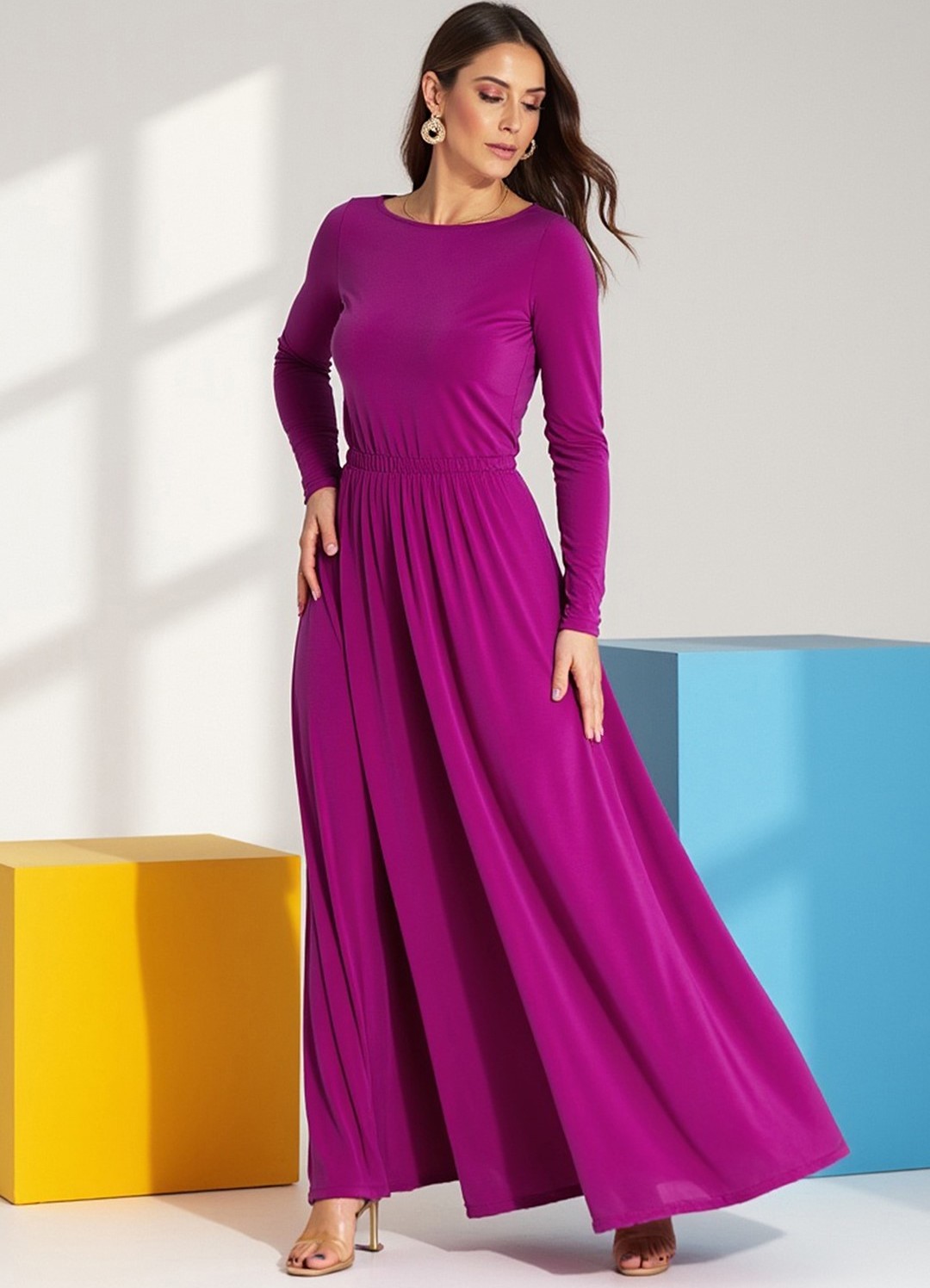 Fuchsiové dámske maxi šaty s dlhým rukávom M1166 Fuchsia S Veľkosť: S