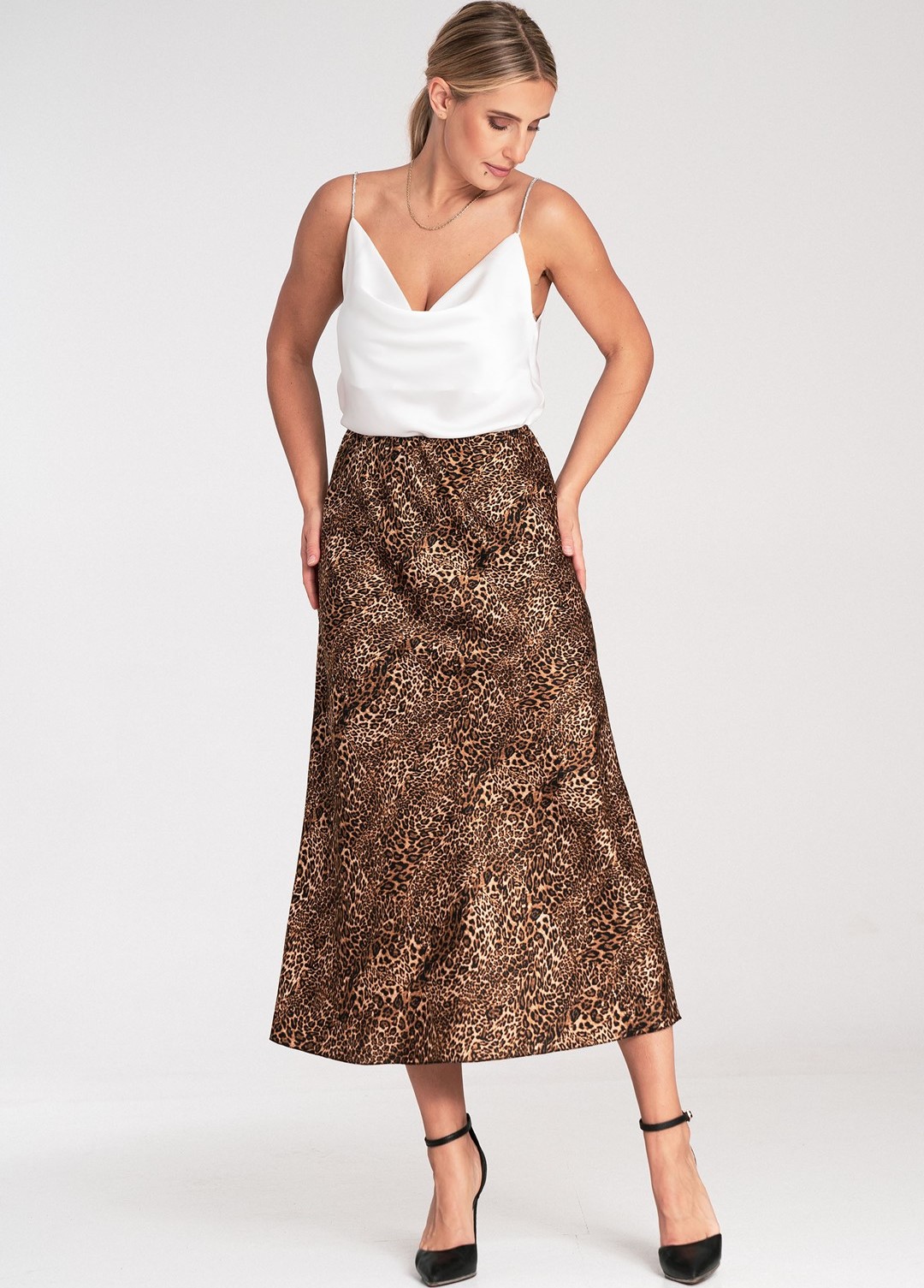 Hnedá dámska midi sukňa so zvieracím vzorom M1087 Pattern 187 Veľkosť: S/M