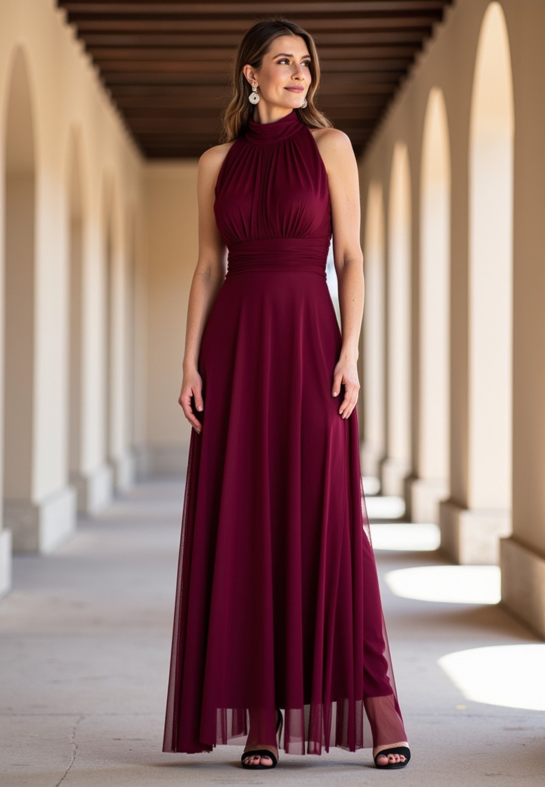 Vínové dámske maxi šaty s odhalenými ramenami M1173 Deep Red Veľkosť: S/M