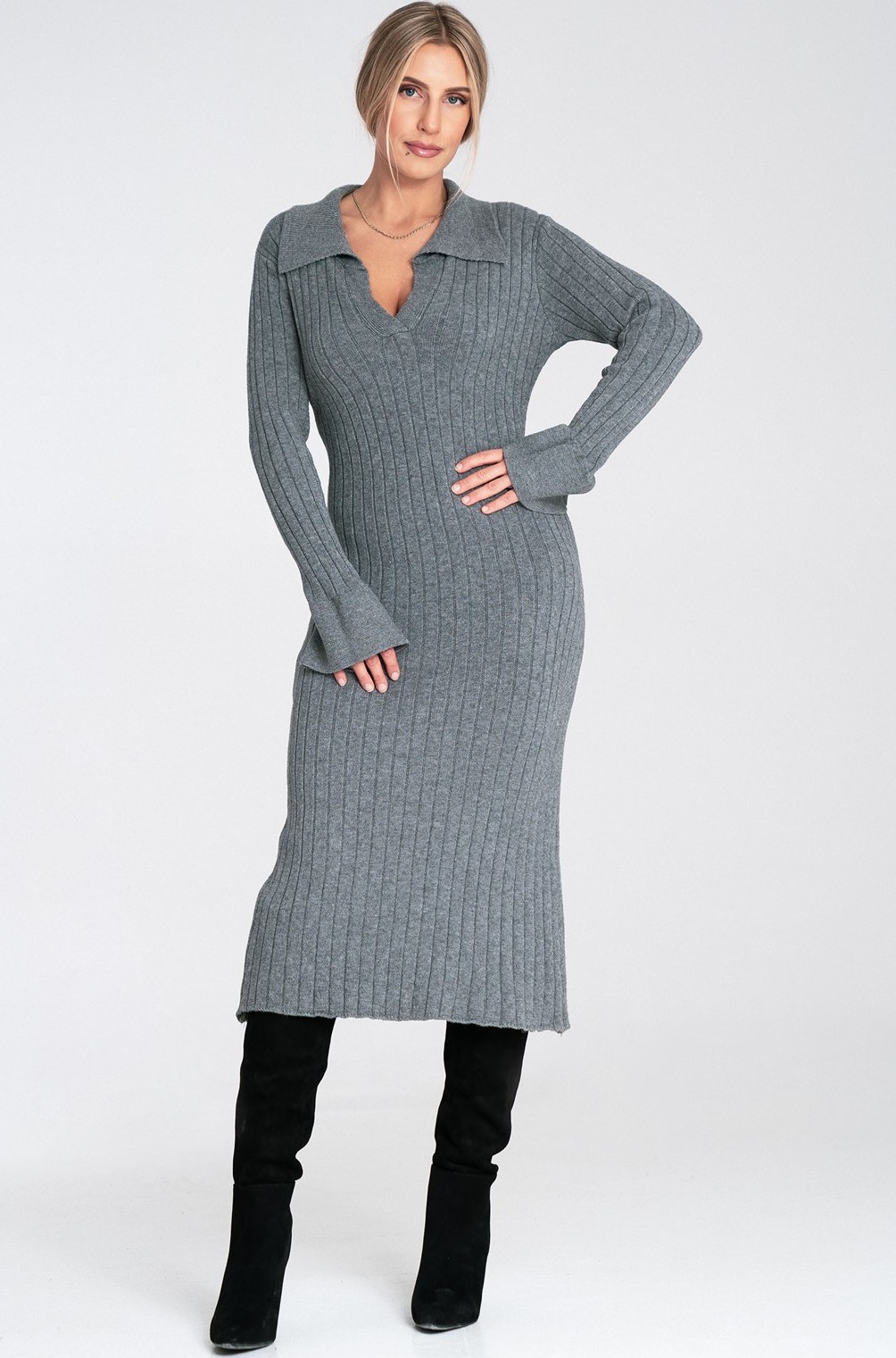 Sivé dámske priliehavé šaty s golierom M1093 Grey Veľkosť: ONE SIZE