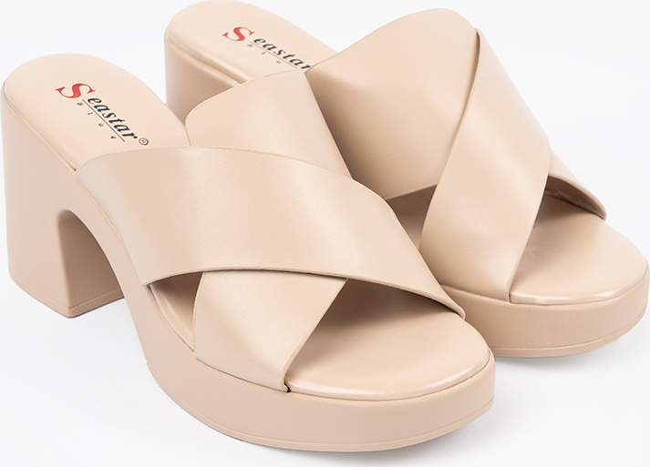 Béžové dámske nazuváky na stĺpiku, podpätok 8 cm AI26KH Veľkosť: 41