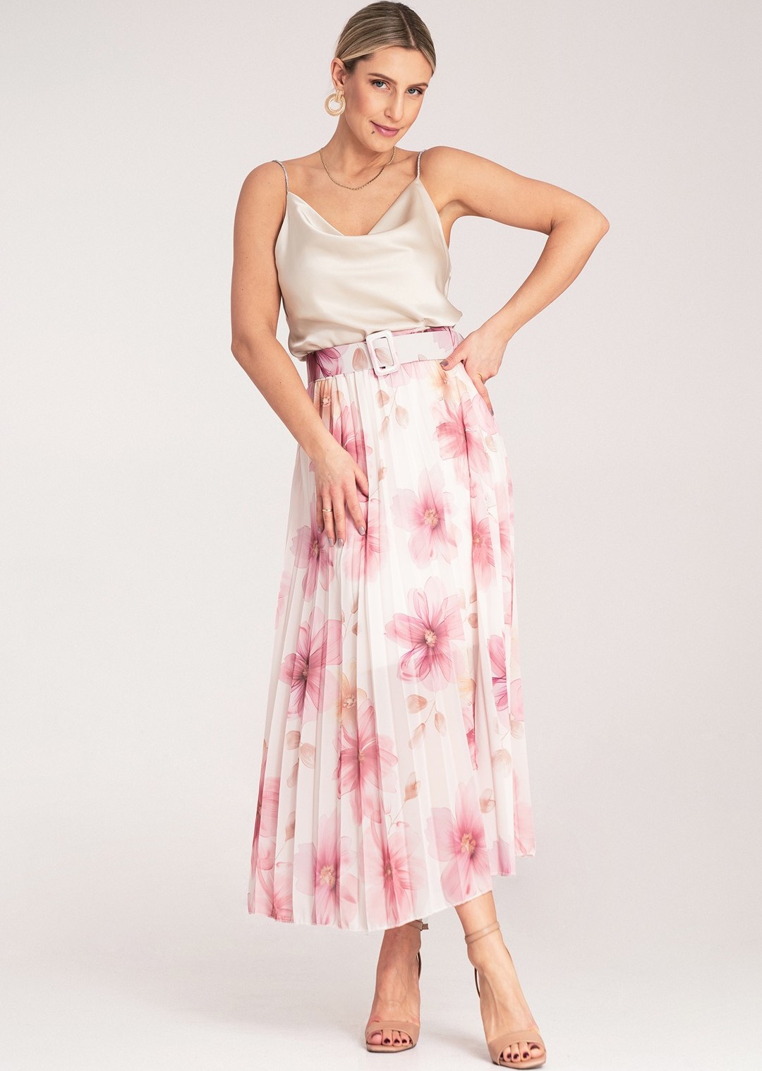 Bielo-ružová plisovaná dámska midi sukňa s kvetinovým vzorom M1163 Pink Veľkosť: S/M