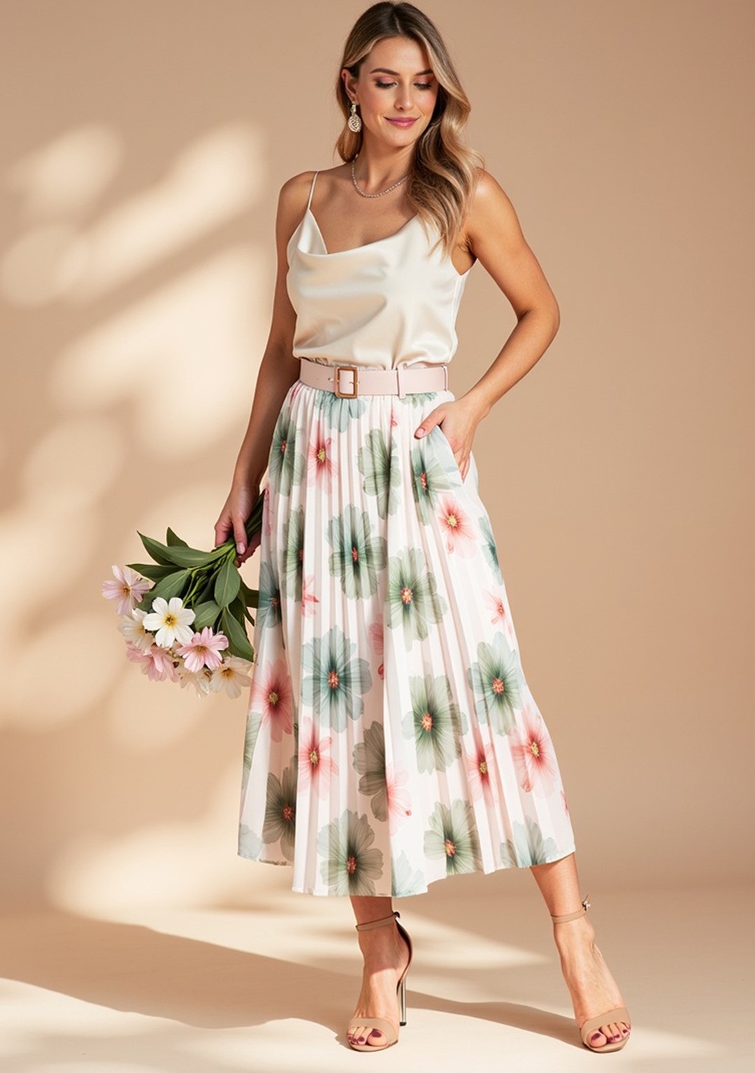 Bielo-zelená plisovaná dámska midi sukňa s kvetinovým vzorom M1163 Green Veľkosť: S/M