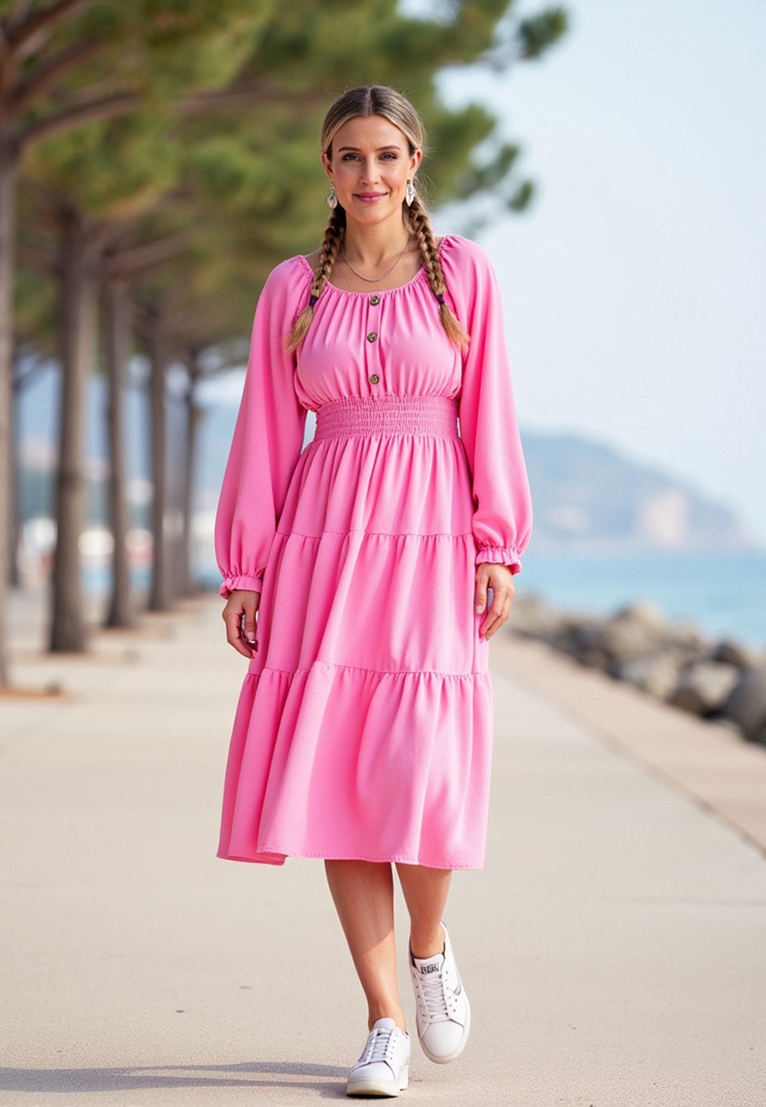 Ružové dámske midi šaty s odhalenými ramenami M1169 Pink Veľkosť: ONE SIZE