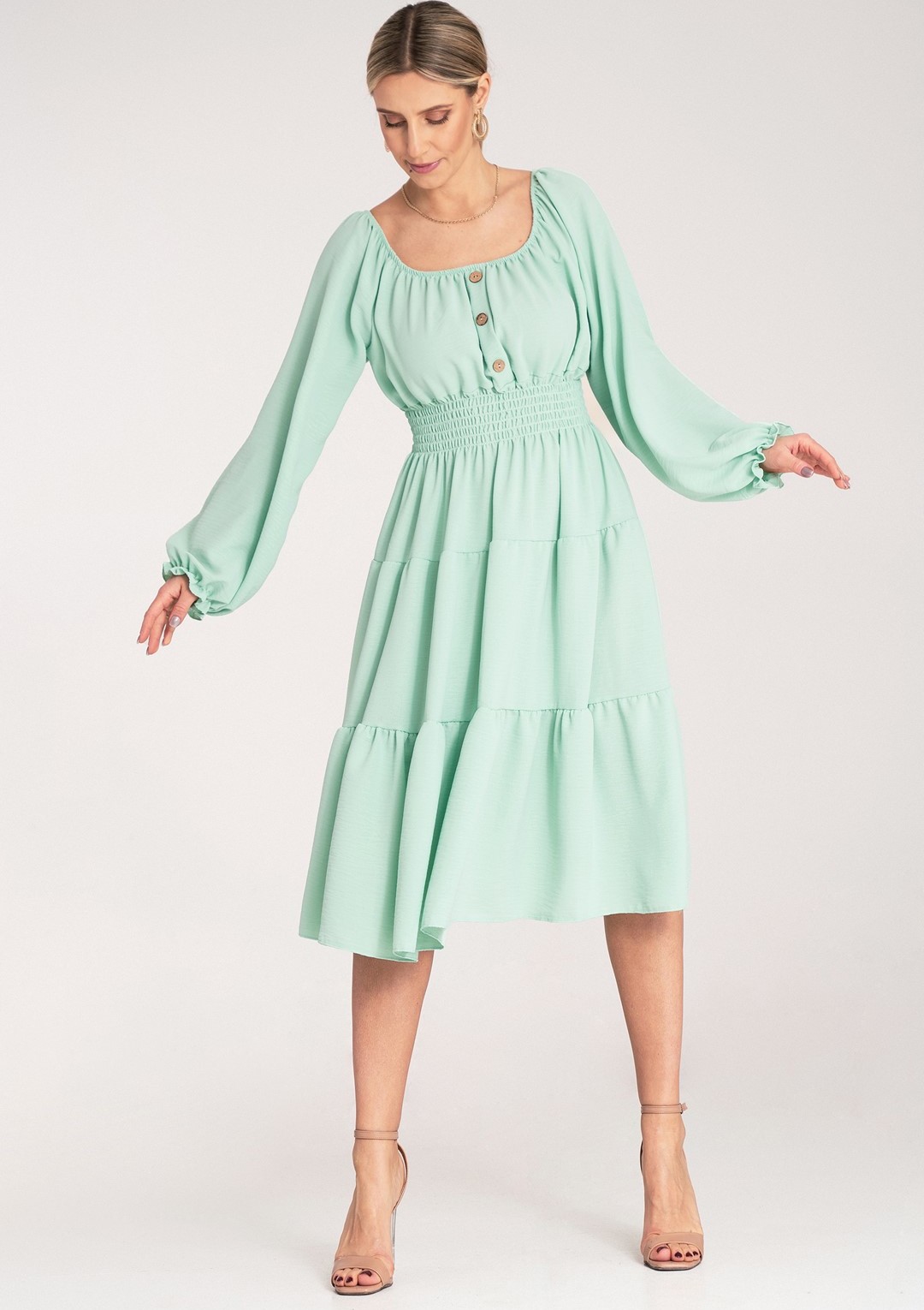 Mintové dámske midi šaty s odhalenými ramenami M1169 Green Veľkosť: ONE SIZE