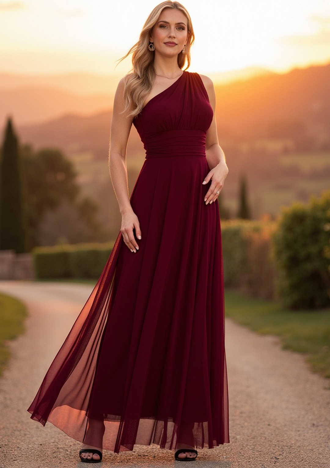 Vínové dámske dlhé šaty so širokým ramienkom M1172 Deep Red Veľkosť: S/M