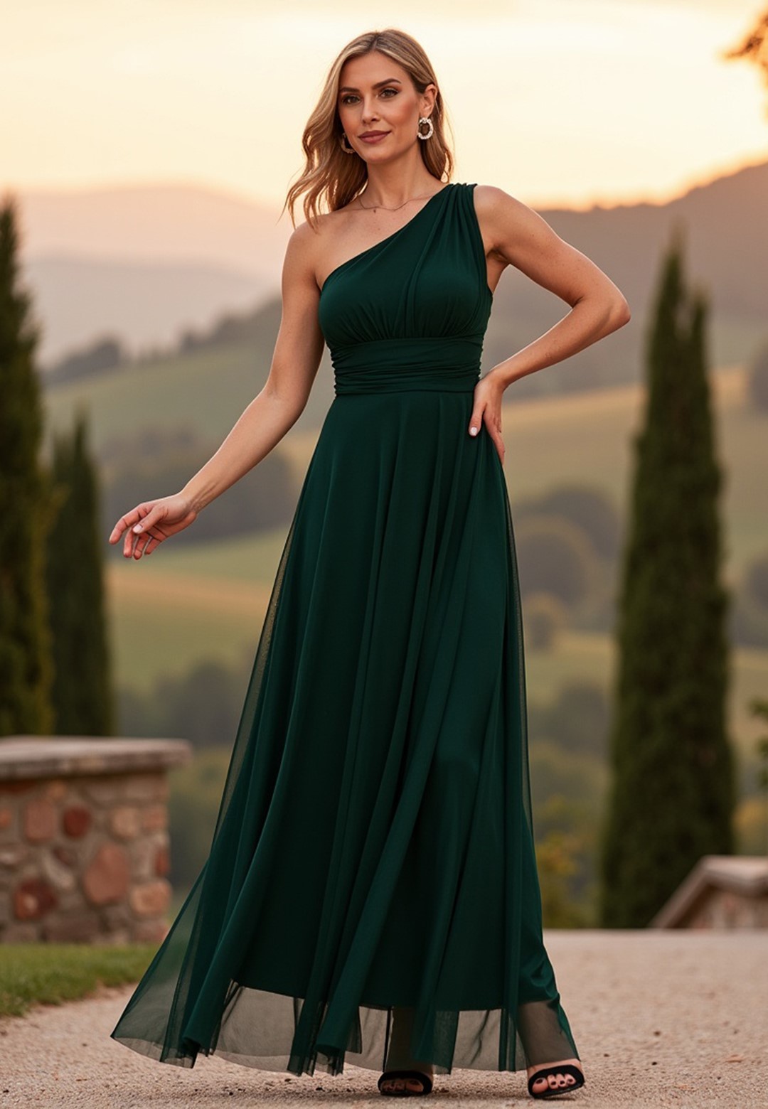 Tmavozelené dámske dlhé šaty so širokým ramienkom M1172 Green Veľkosť: S/M