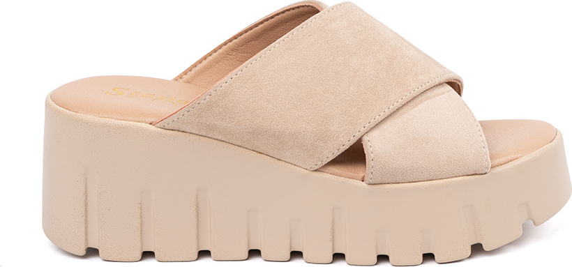 Béžové semišové dámske nazuváky na kline, podpätok 6,5 cm QT112P-KH Veľkosť: 38