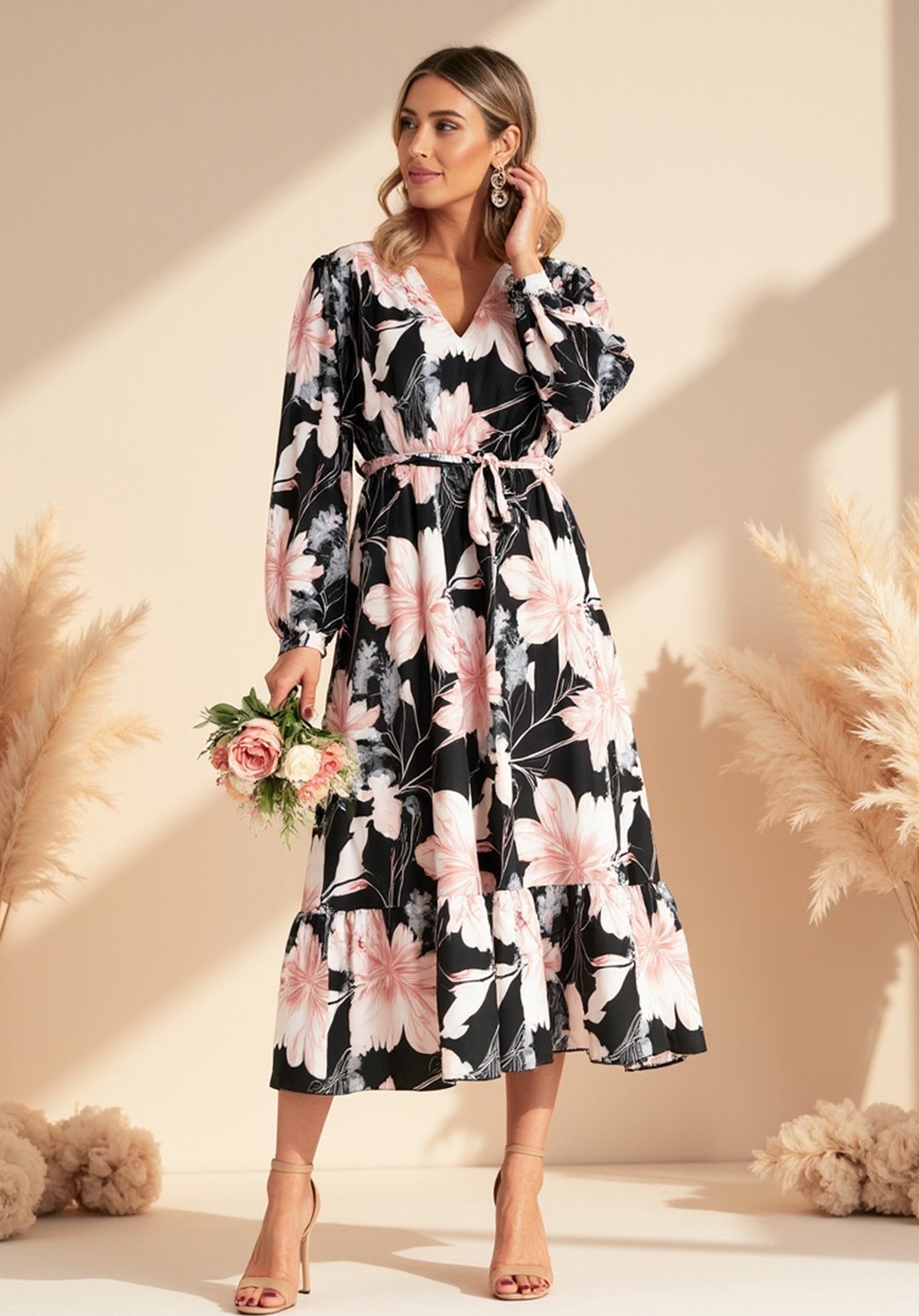 Čierno-ružové dámske kvetované šaty s dlhými rukávmi M1140 Black Veľkosť: S/M