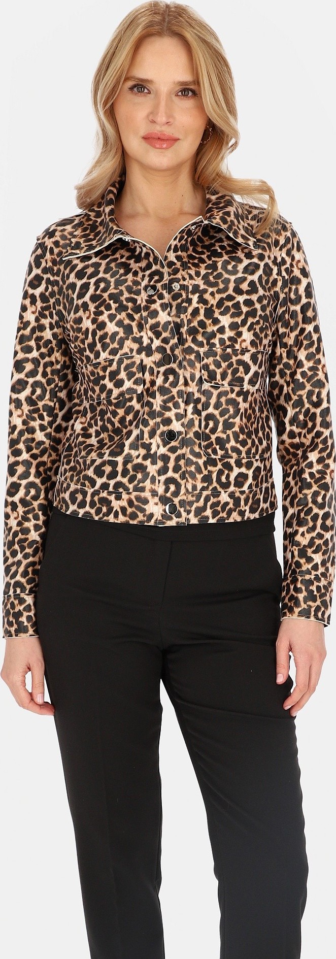 Krátka dámska prechodová bunda s leopardím vzorom BLE 252669 F - Dark beige Veľkosť: S