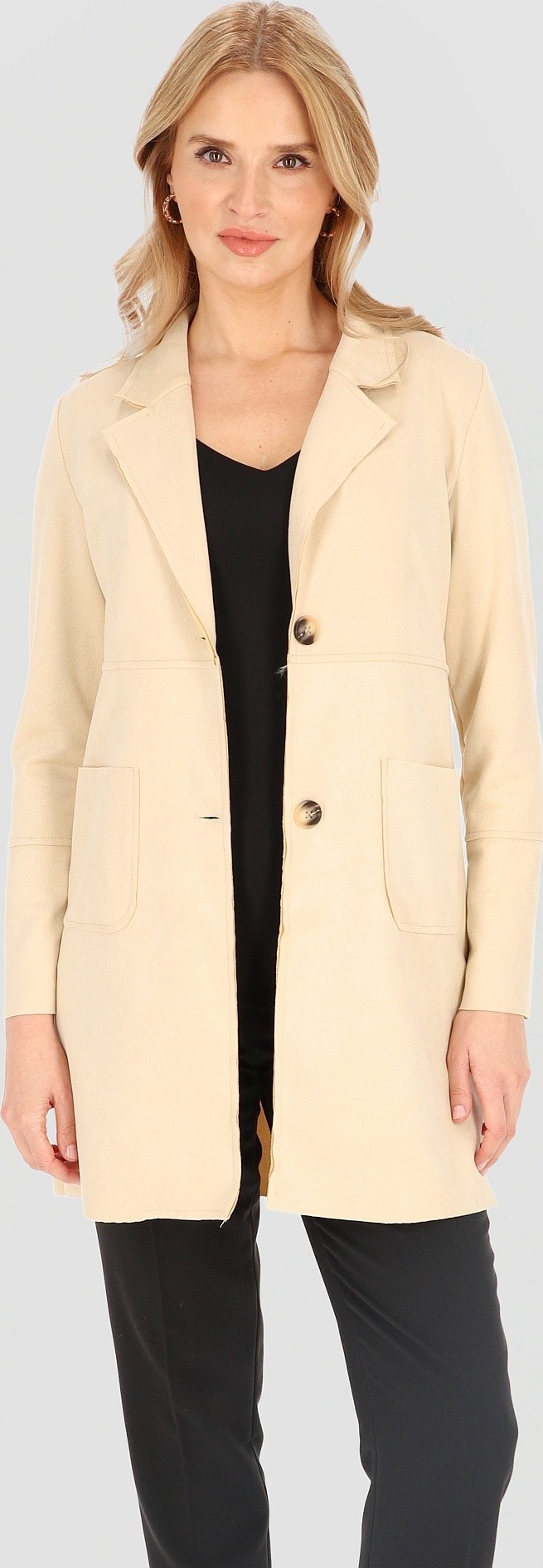 Béžový dámsky elegantný krátky kabát s vreckami BLE 251010 F - beige Veľkosť: 3XL