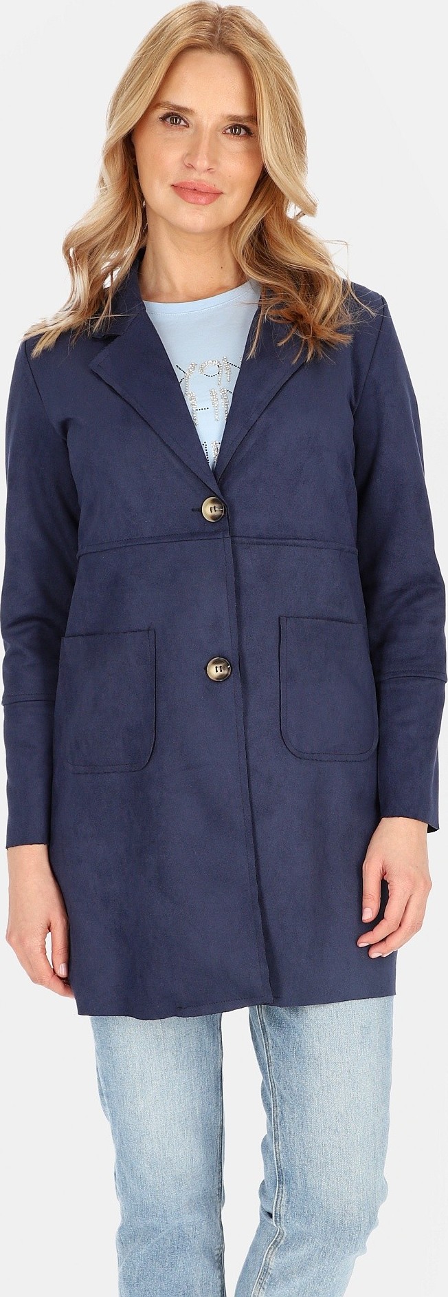 Tmavo modrý dámsky elegantný krátky kabát s vreckami BLE 251010 F - Dark blue Veľkosť: S