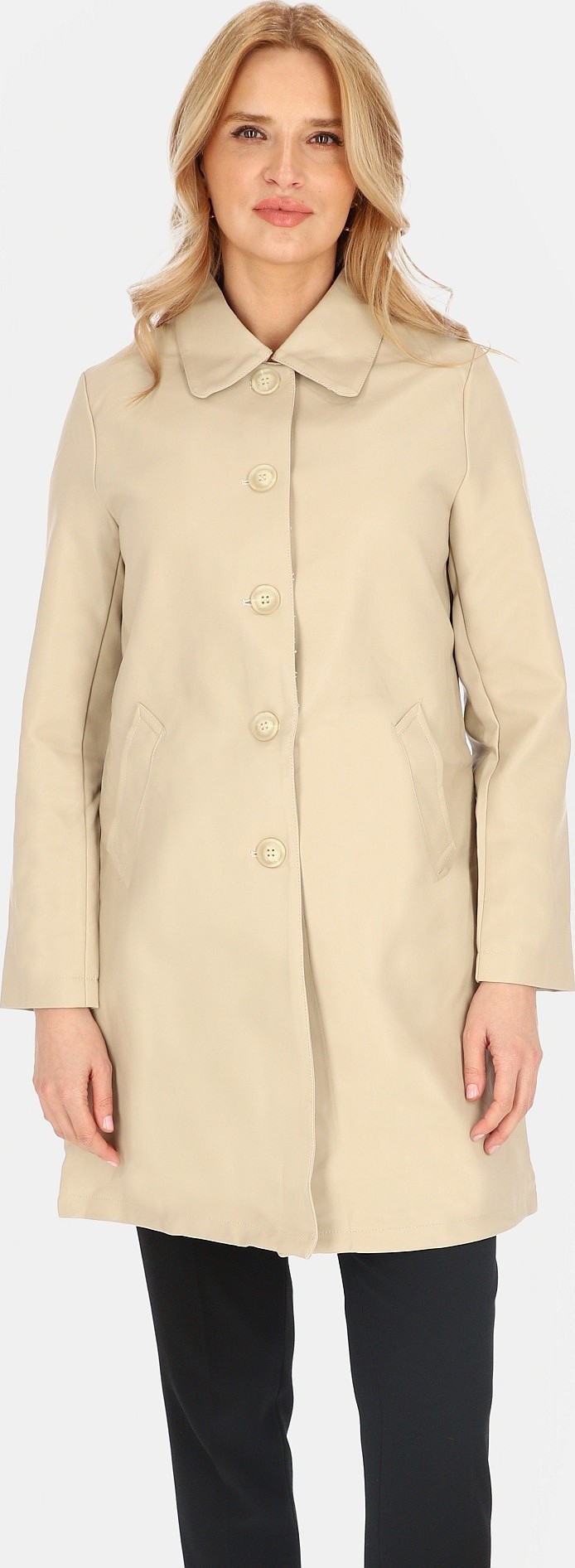 Svetlo béžový dámsky koženkový kabát s golierom BLE 252369 F - Light beige Veľkosť: M