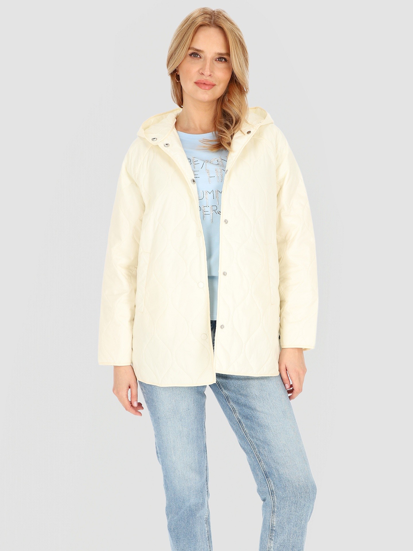 Smotanová dámska prešívaná bunda s kapucňou BLE 251047 F - Ecru Veľkosť: 2XL