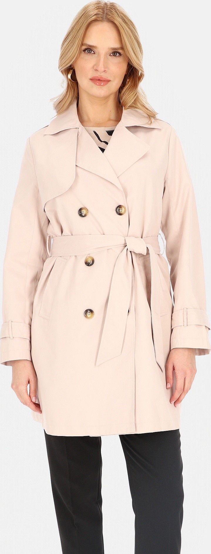 Pastelovo ružový dámsky dvojradový kabát s opaskom BLE 252682 F Pastel pink Veľkosť: 2XL