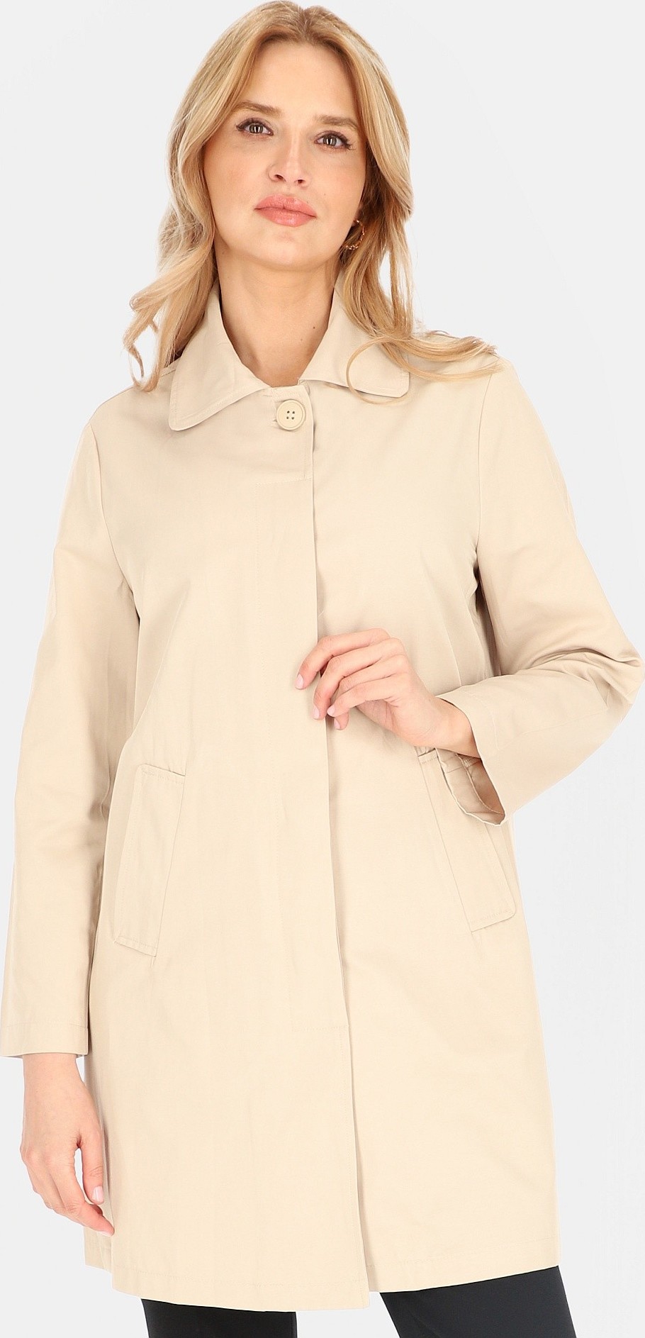 Svetlo béžový dámsky jednoradový kabát s golierom BLE 252535 F - Light beige Veľkosť: 2XL