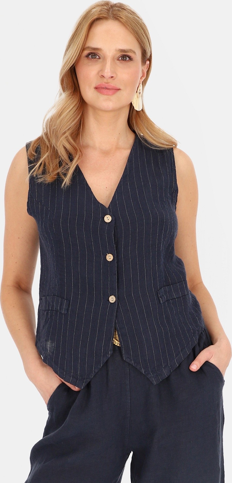 Tmavomodrá dámska elegantná ľanová vesta s pruhmi CHCE 255487 F - Navy blue Veľkosť: 44