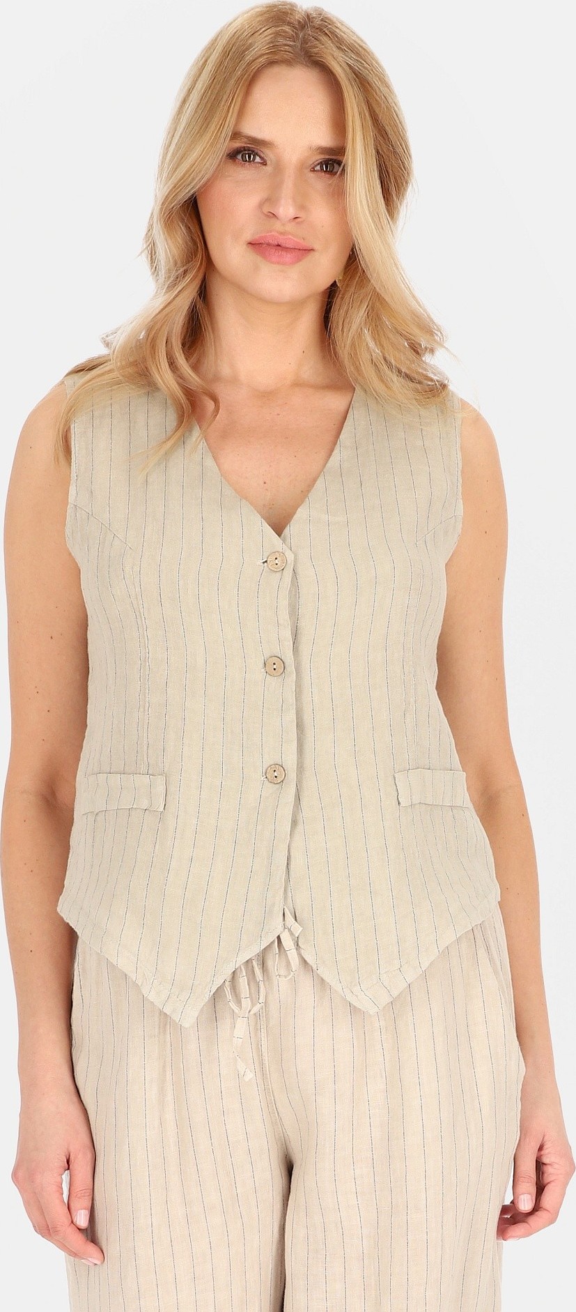 Béžová dámska elegantná ľanová vesta s pruhmi CHCE 255487 F - Beige Veľkosť: 40