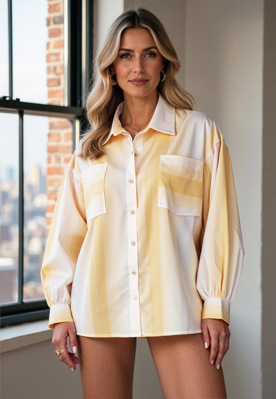 Svetlo žltá dámska košeľa s jemným pruhovaným vzorom M1144 Yellow Veľkosť: S/M