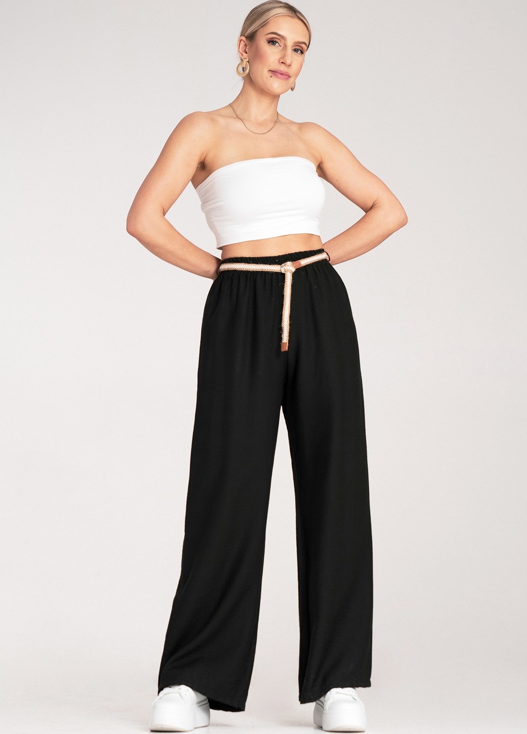 Čierne dámske viskózové boho nohavice s elastickým pásom M1149 Black Veľkosť: S/M