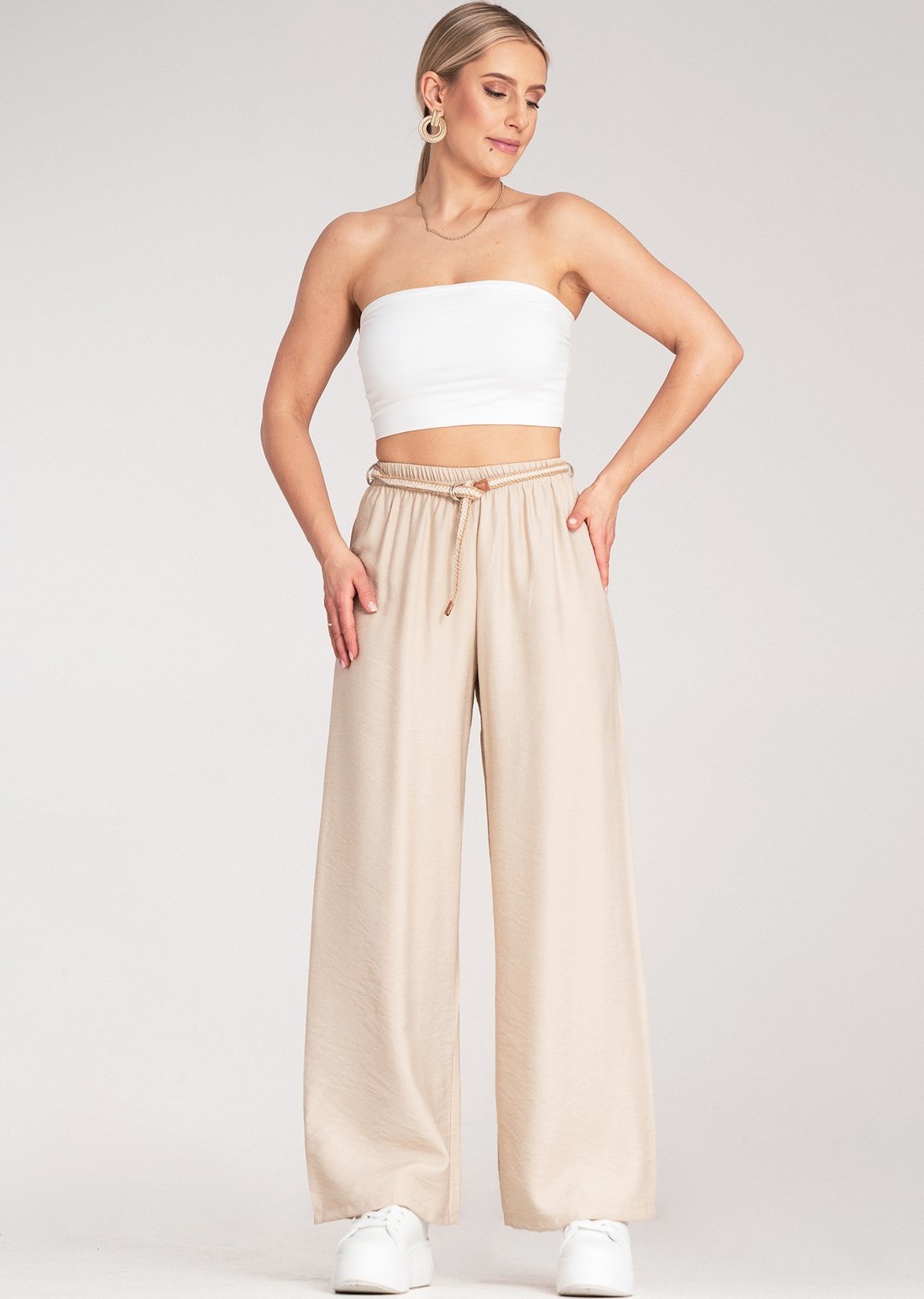 Béžové dámske viskózové boho nohavice s elastickým pásom M1149 Beige Veľkosť: S/M