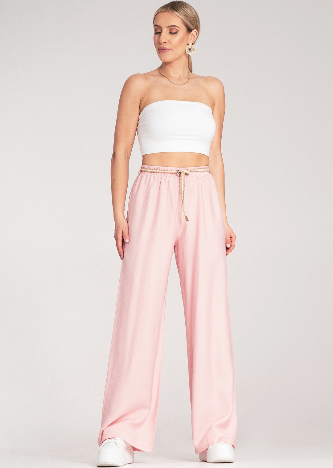 Svetloružové dámske viskózové boho nohavice s elastickým pásom M1149 Pink Veľkosť: S/M