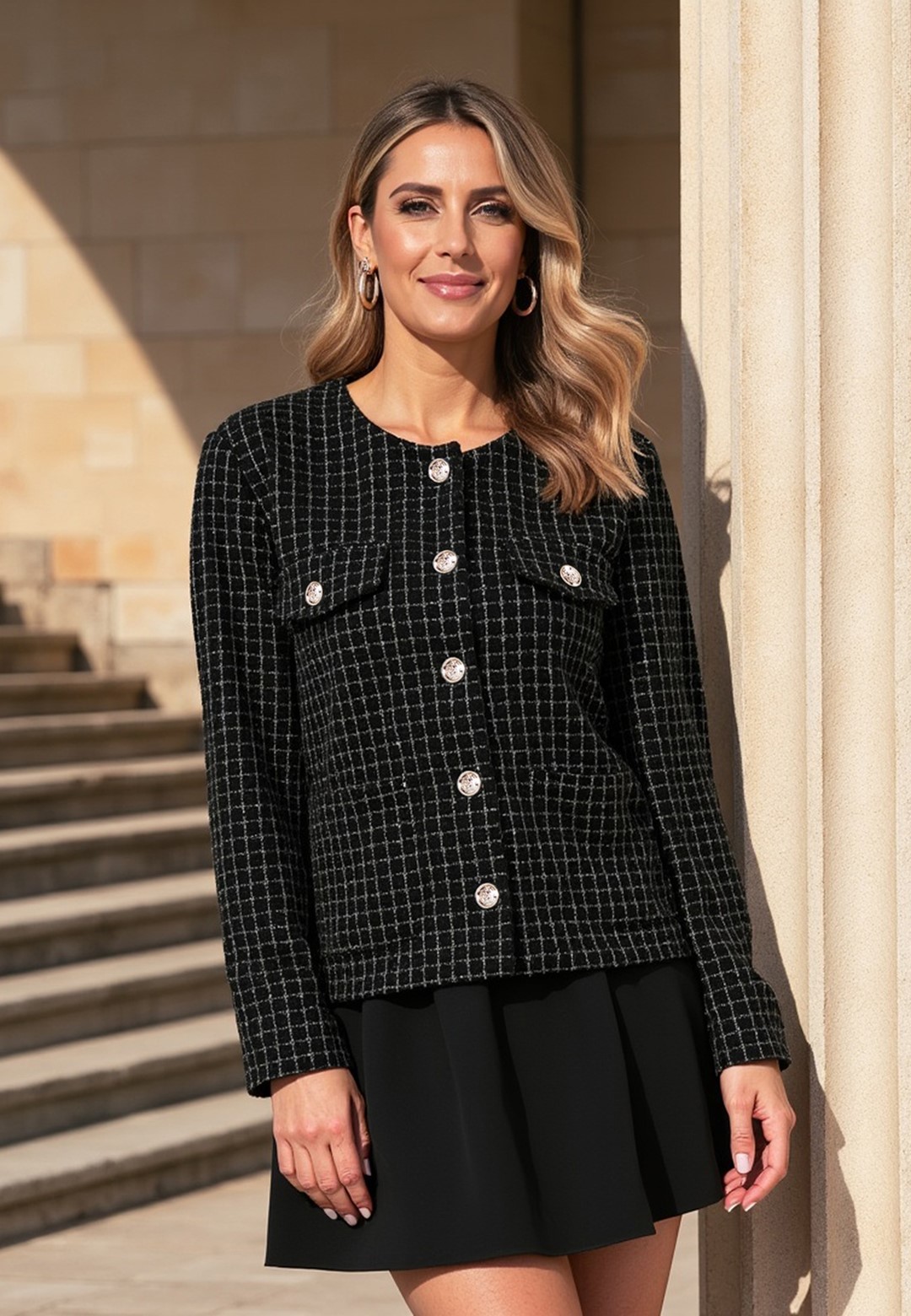 Čierny dámsky kockovaný blejzer M1150 Black Veľkosť: S/M