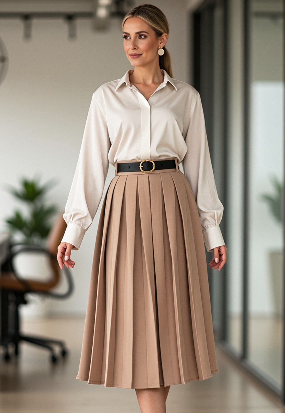 Béžová dámska elegantná skladaná midi sukňa M1154 Beige Veľkosť: S/M