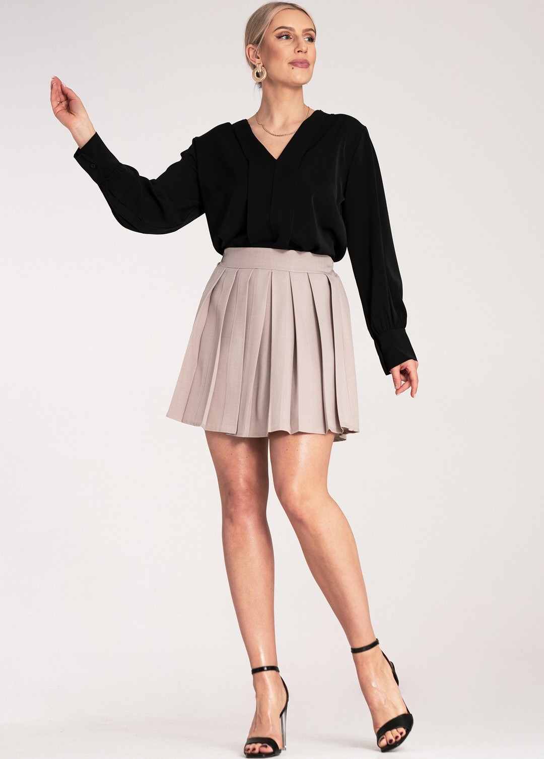 Béžová dámska plisovaná mini sukňa M1159 Beige Veľkosť: S/M