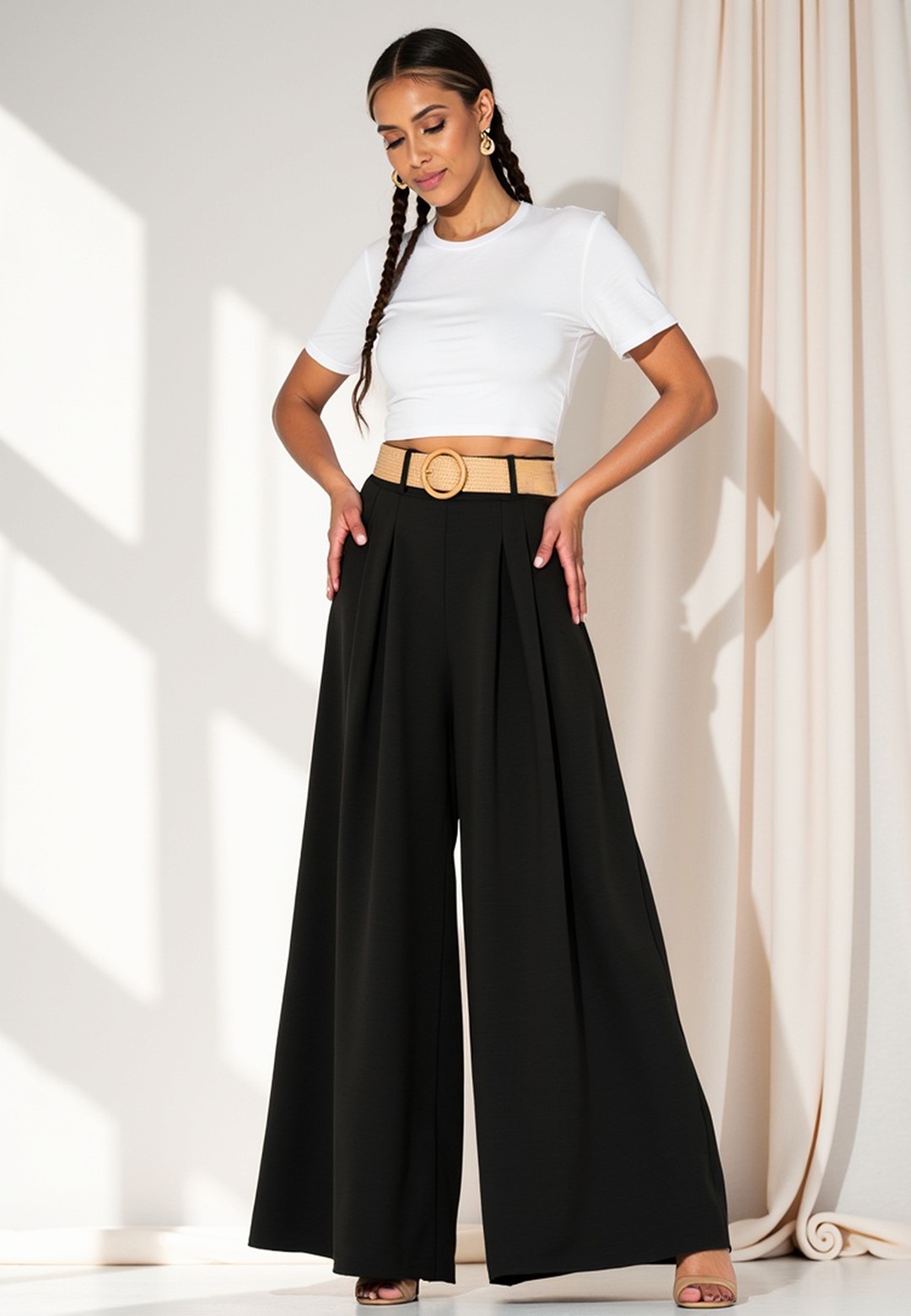 Čierne dámske elegantné široké nohavice s vysokým pásom M1160 Black Veľkosť: ONE SIZE