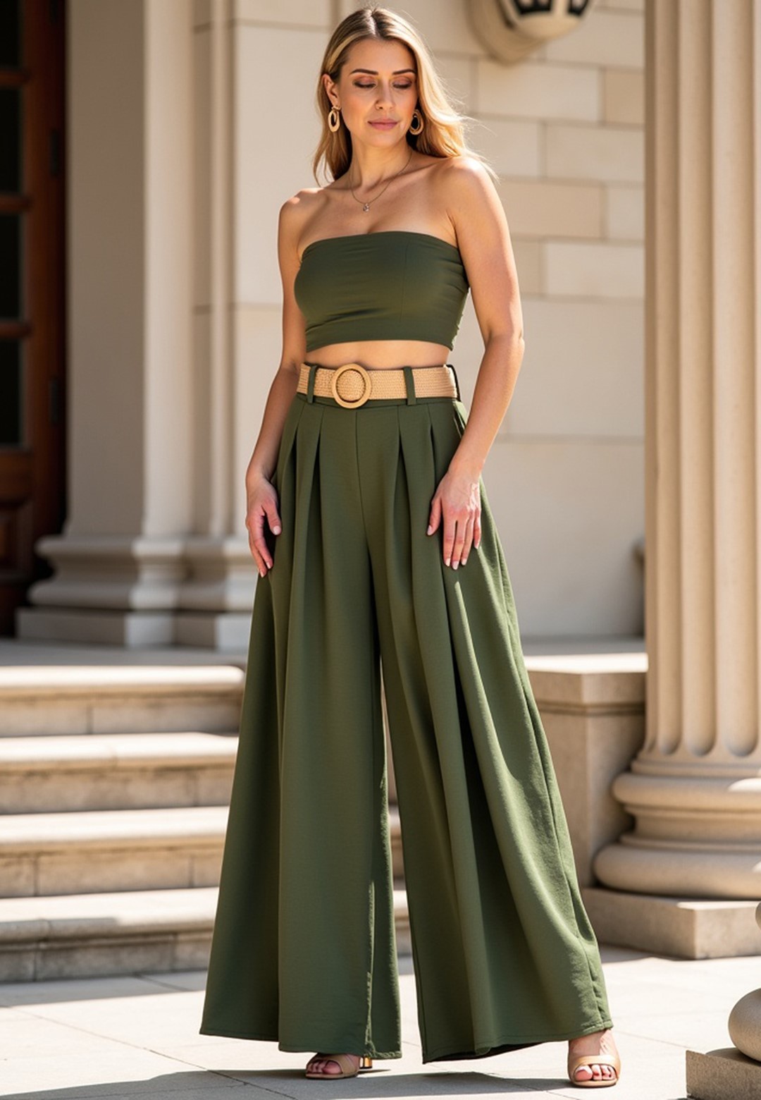 Kaki dámske elegantné široké nohavice s vysokým pásom M1160 Green M1160 Green Veľkosť: ONE SIZE