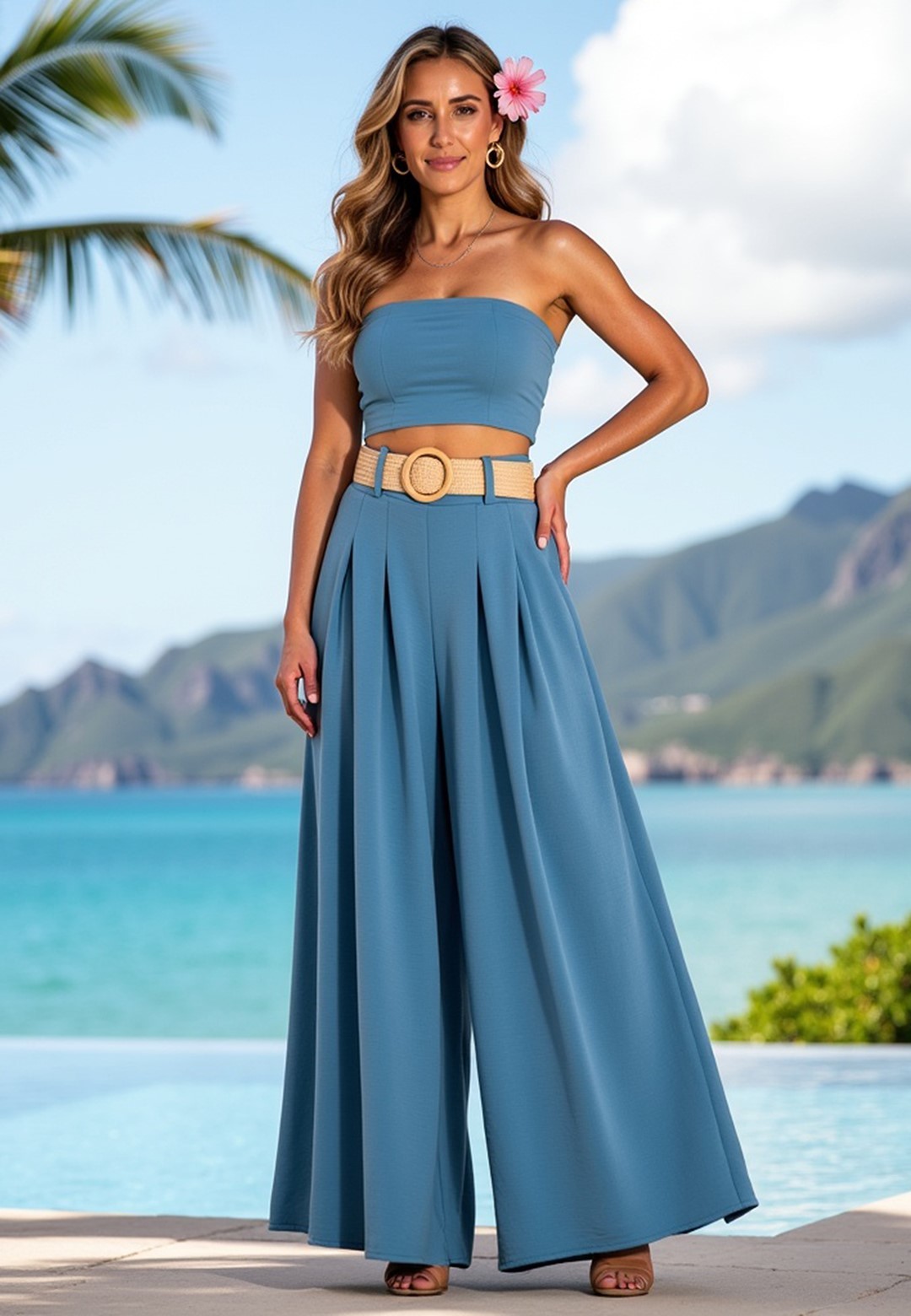 Modré dámske elegantné široké nohavice s vysokým pásom M1160 Blue M1160 Blue Veľkosť: ONE SIZE